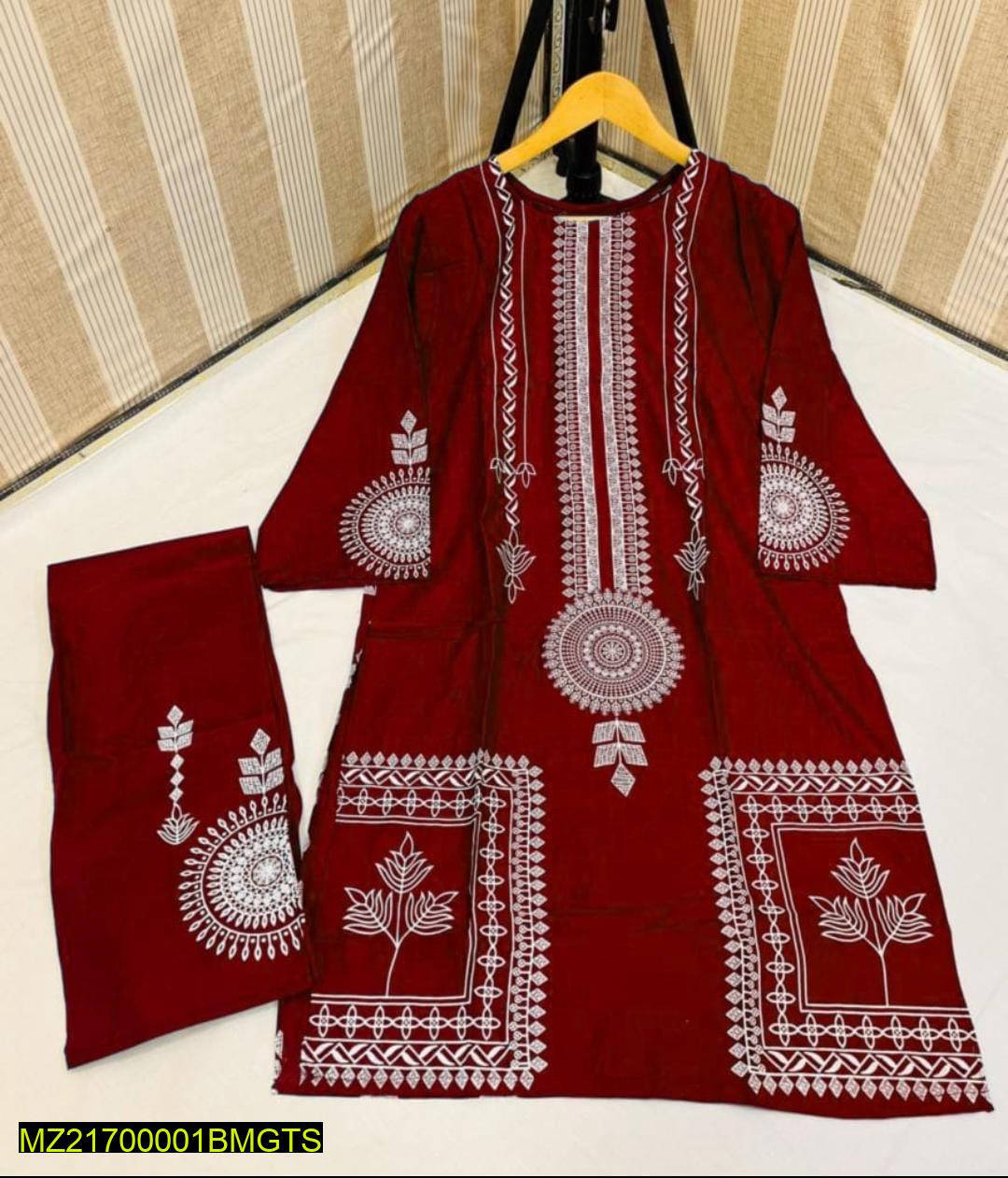 2 Pcs Women's Stitched Linen Block Printed Suit