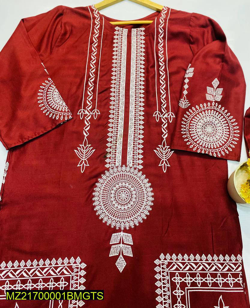 2 Pcs Women's Stitched Linen Block Printed Suit - Image 2