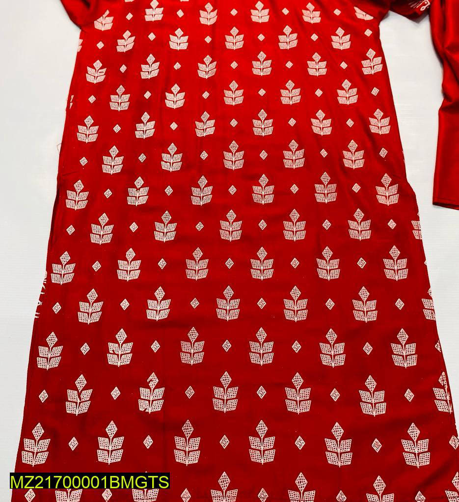 2 Pcs Women's Stitched Linen Block Printed Suit - Image 3