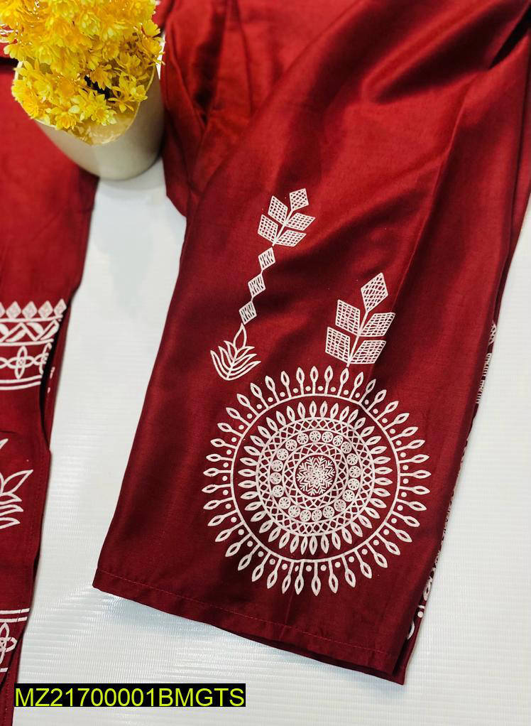 2 Pcs Women's Stitched Linen Block Printed Suit - Image 4