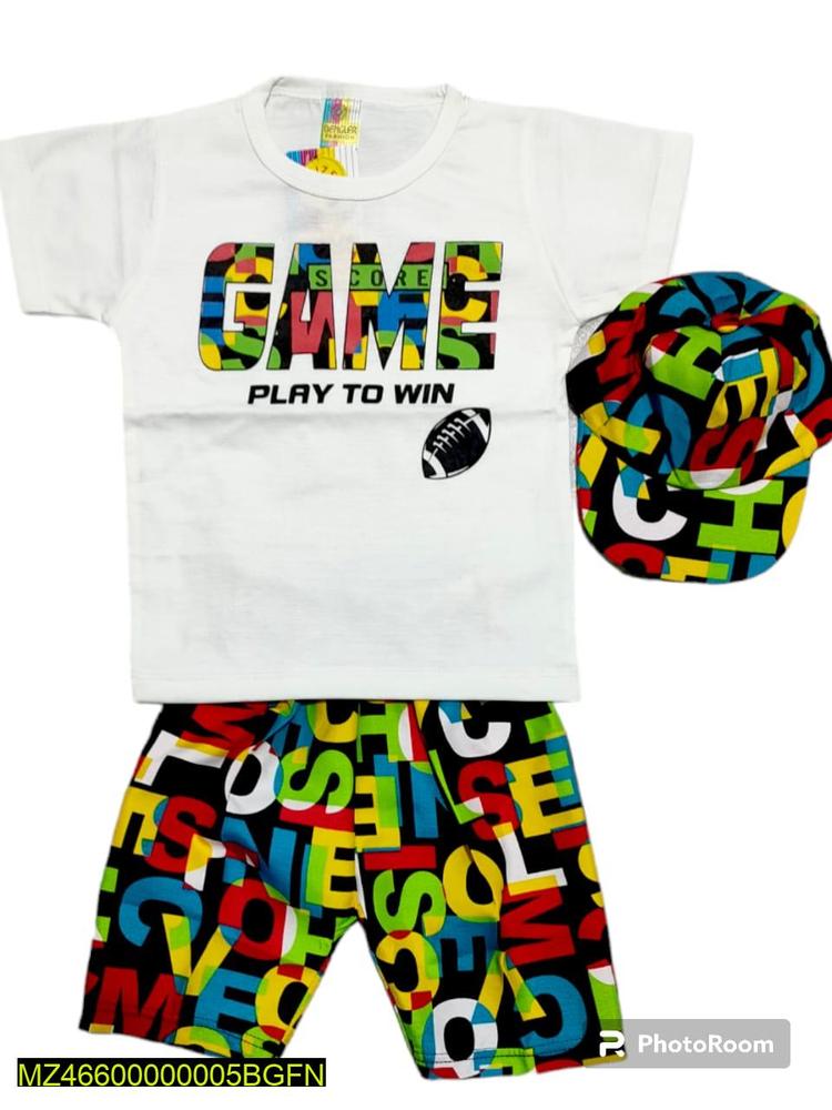 2 Pcs Boy's Printed Shirt And Shorts Set With Cap