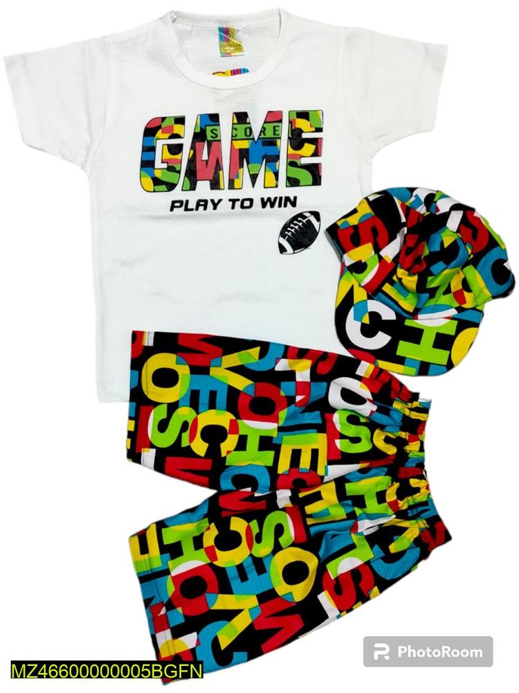 2 Pcs Boy's Printed Shirt And Shorts Set With Cap - Image 3